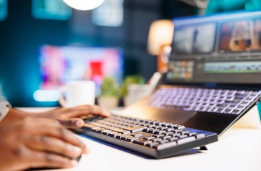 Black individual edits footage on laptop