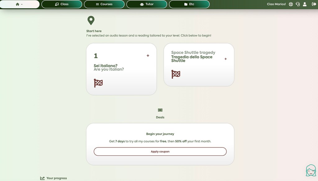 Top navigation is divided by Hompeage button, Classes, Courses, Tutor and Etc